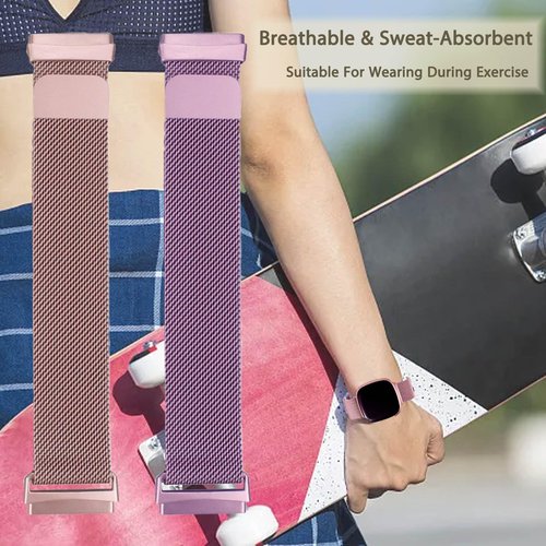 2Pcs Metal Band Compatible for Fitbit Versa 4/Sense 2/Versa 3/Sense Bands Women Men, Stainless Steel Soft Mesh Loop Strap Replacement Bracelet Strap for Fitbit Sense 2/3/Sense/Versa 4 (Purple&Pink, Large)
