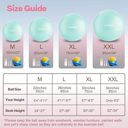 Kisnbld Exercise Ball - Extra Thick Anti-Burst Yoga Ball for Stability | 4 Sizes with Foot Pump