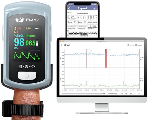 EMAY Sleep Oxygen Monitor - Bluetooth Pulse Oximeter with App & 72-Hour Memory for SpO2 Tracking