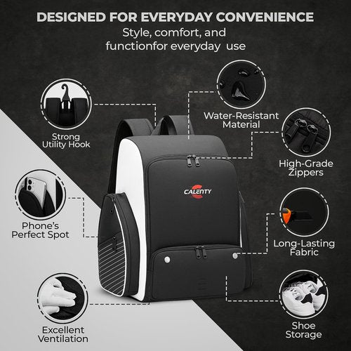 CALENTY Pickleball Bag Backpack – Large Pickleball Backpack Fits 2+ Paddles with Shoe Compartment, Fence Hook, Secure Ball Storage & 2 Keychains, Premium Pickleball Bag for Men and Women