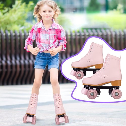 YYW High-top PU Leather Roller Skates for Women，Outdoor Roller Derby Skates for Unisex Beginners with Light up Wheels(Pink-39-Women 8.5/Men 7)