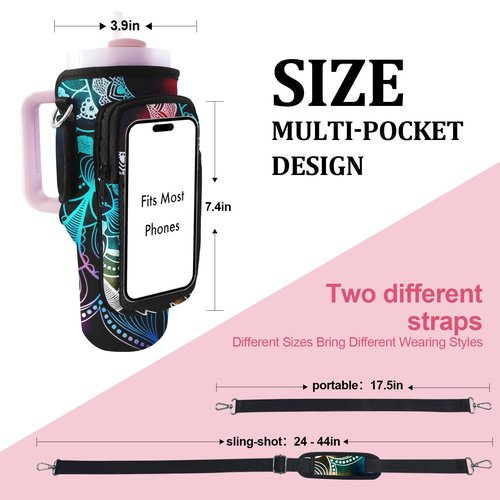 LAOTANGJIA Stanley Cup Bag with Strap Indian Hippie Bohemian Water Bottle Holde 40oz Tumbler Carrier with Strap Water Bottle Carrier Bag with Phone Pocket Stanley Cup Accessories Mandala Flower