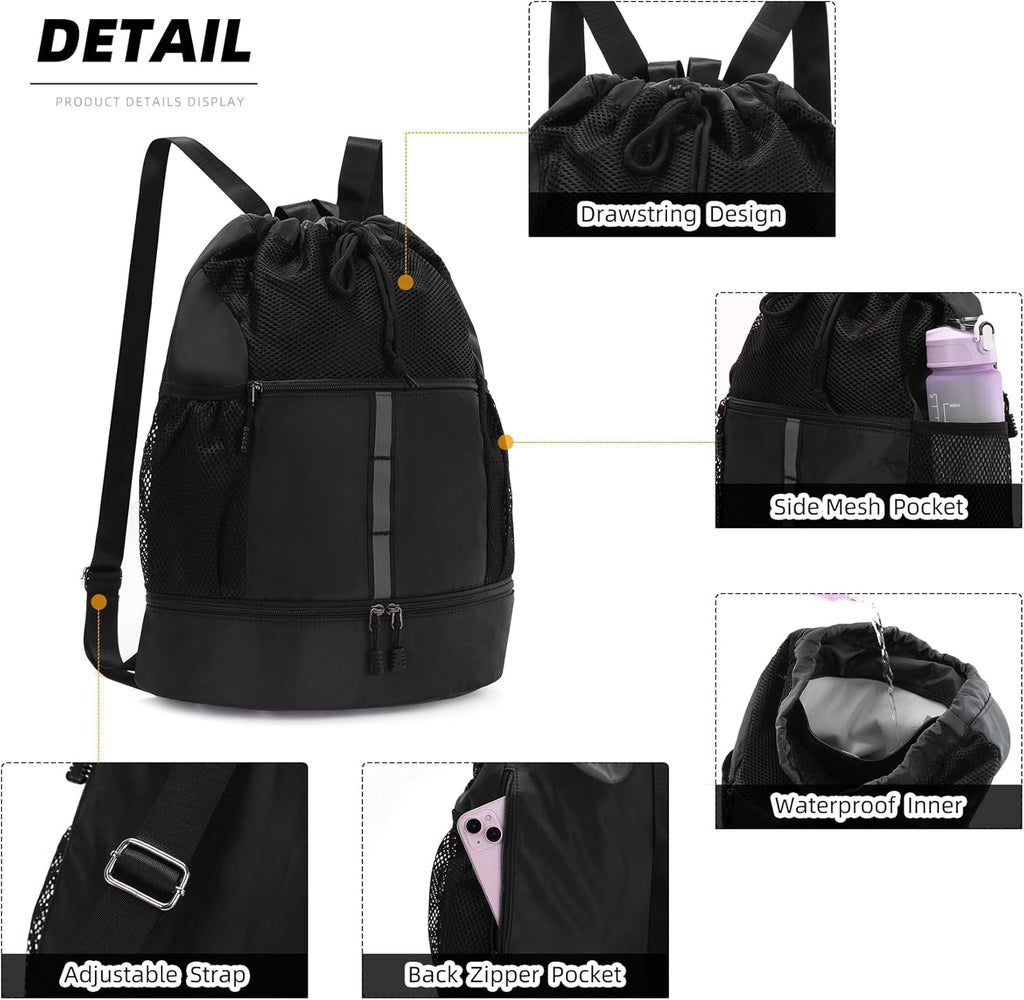 Valleycomfy Gym Bag - Drawstring Sports Backpack with Shoe Compartment & Reflective Strips | Black