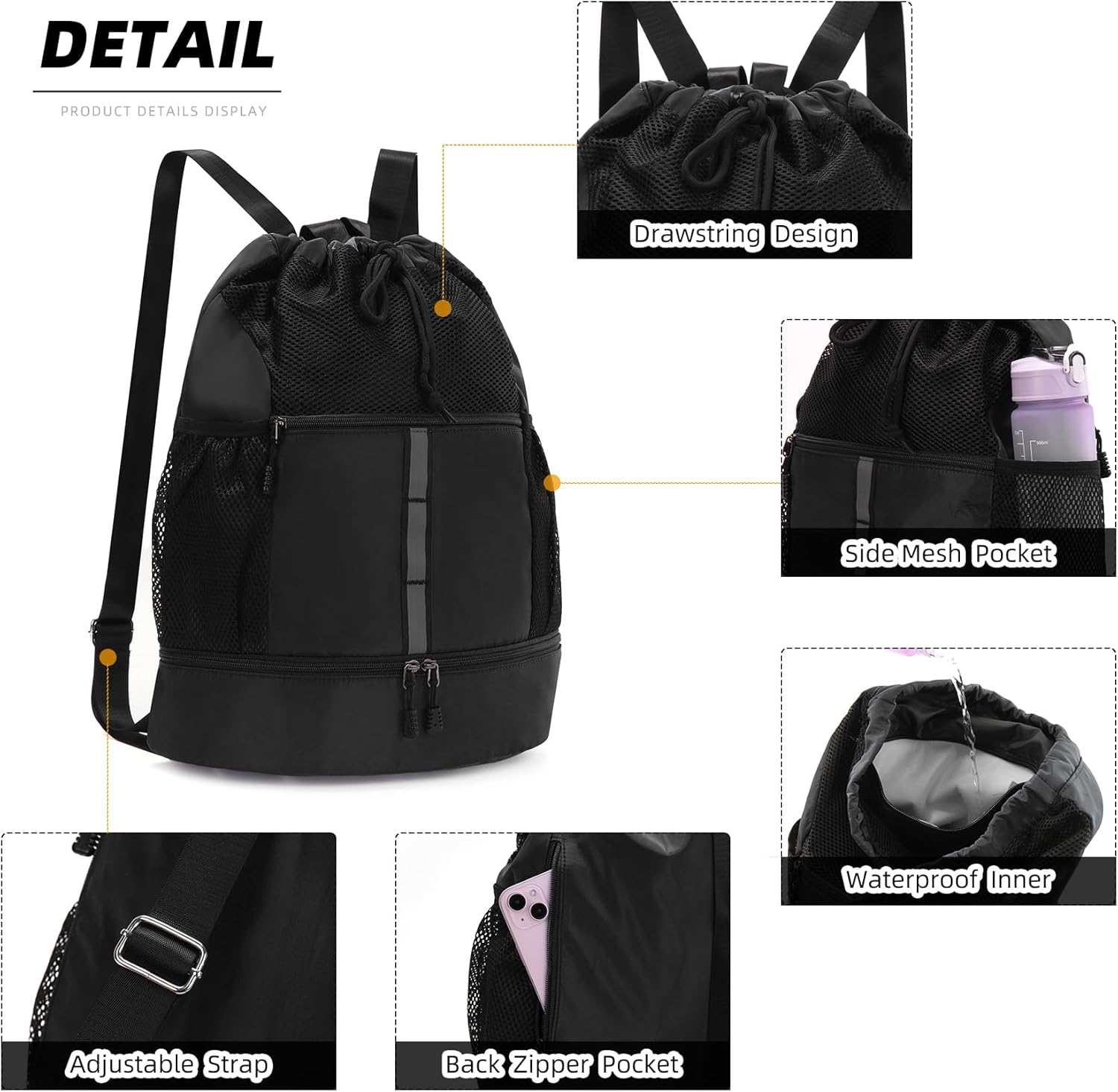 Valleycomfy Gym Bag - Drawstring Sports Backpack with Shoe Compartment & Reflective Strips | Black
