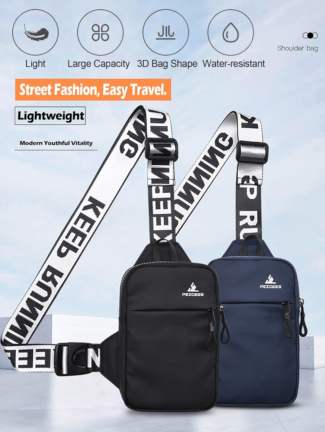 Peicees Mini Crossbody Sling Bag - Water-Resistant Dual Pocket Fanny Pack for Men & Women | Dark Blue