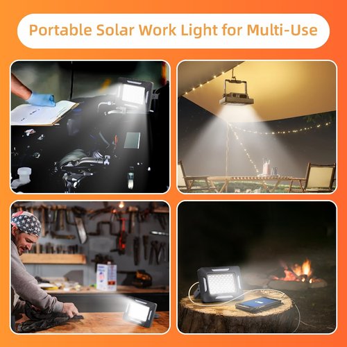 Yokiman Solar Portable Camping Lights with Strong Magnets, dimmable, Solar Rechargable Camping Lantern, IP67 Waterproof, 5 Light Modes Portable Flood Light, Work Lights for Indoor Outdoor