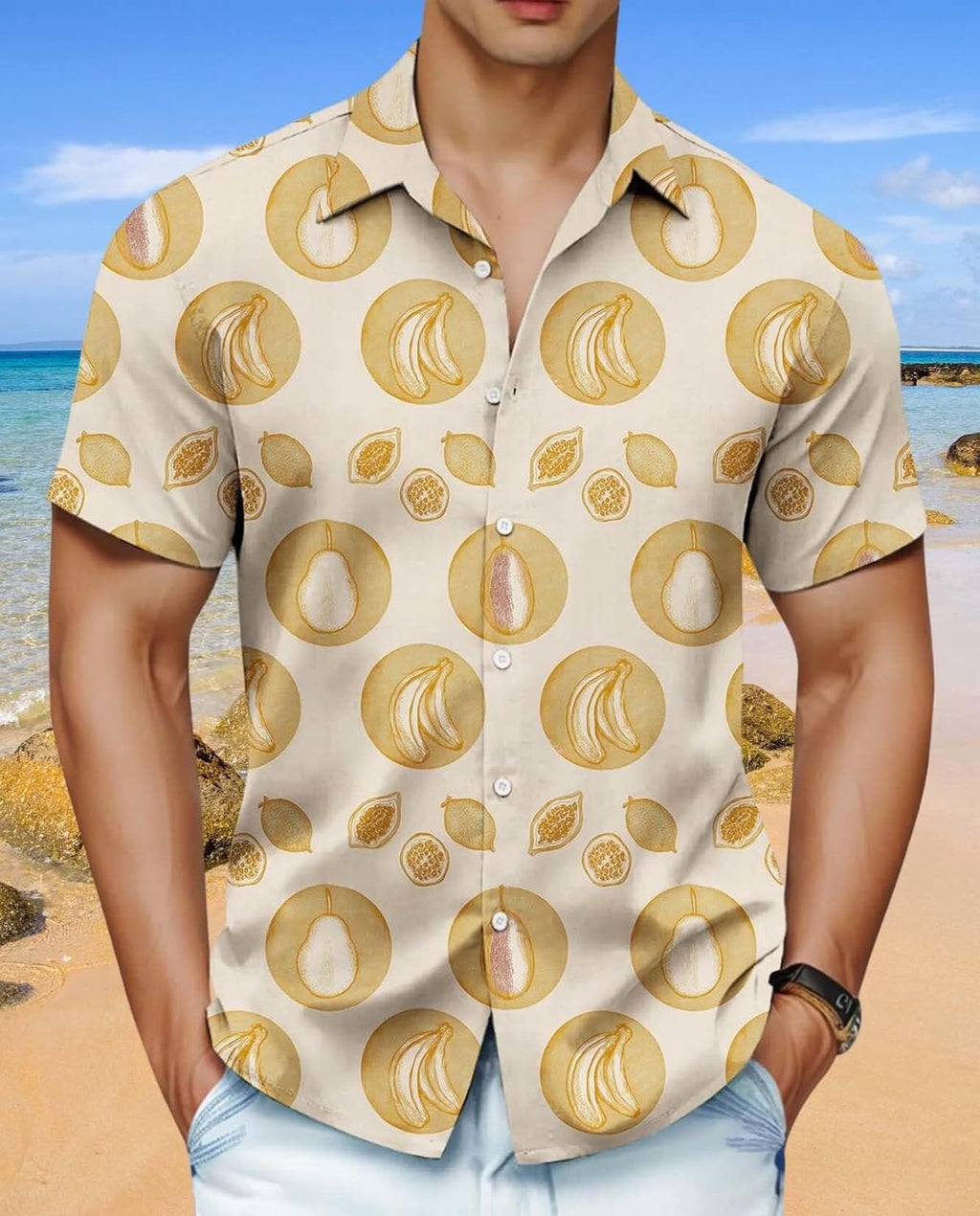 Skiennix Men's Hawaiian Shirt - Unique Fruit Print for Summer Vacations | Tropical Button-Up Tee