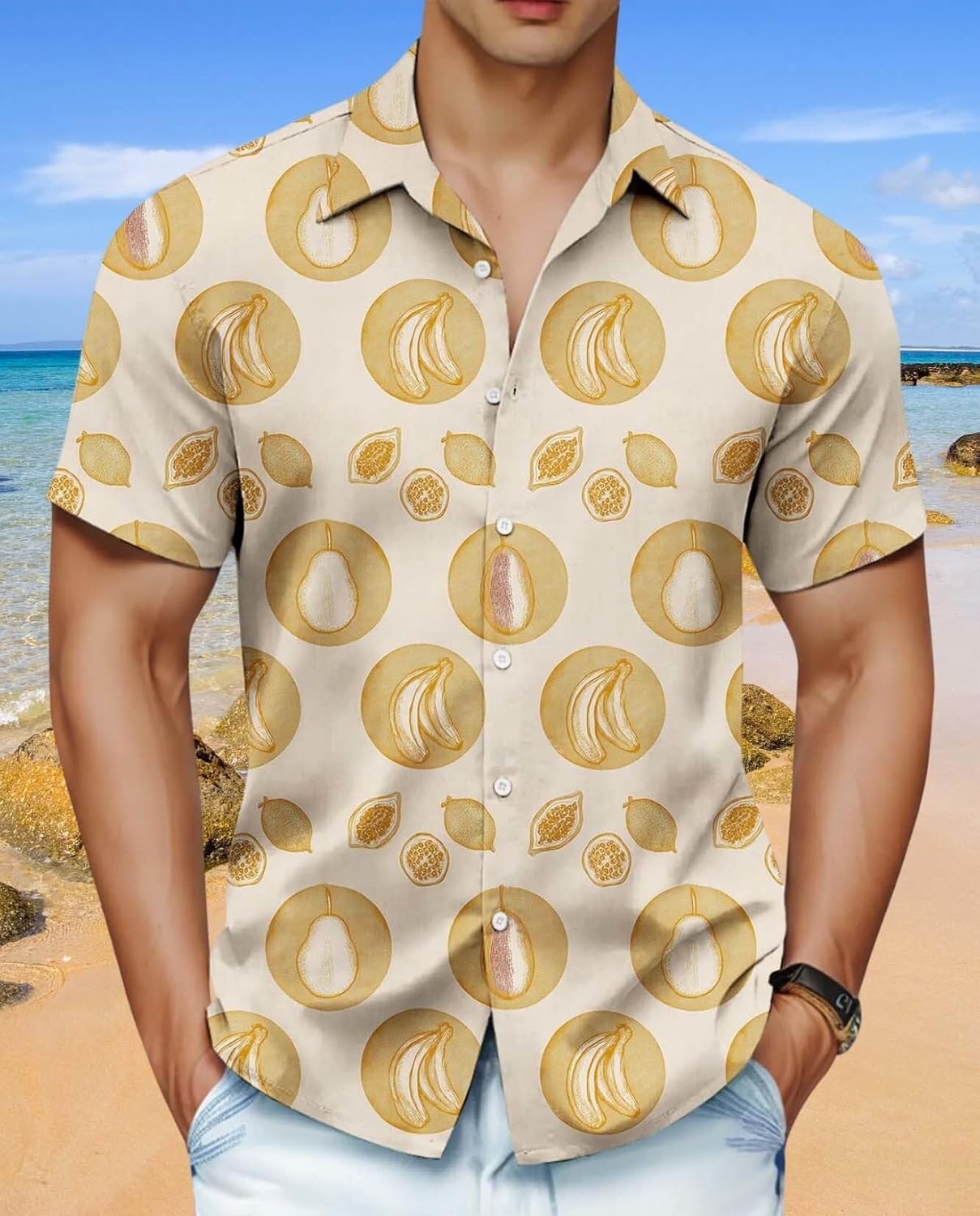 Skiennix Men's Hawaiian Shirt - Unique Fruit Print for Summer Vacations | Tropical Button-Up Tee