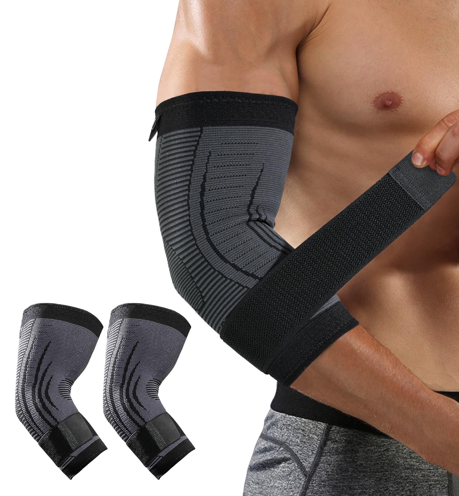 HiRui 2 PACK Elbow Brace for Men Women, Elbow Compression Sleeves With Adjustable Straps, Tennis Elbow Golfer Elbow Treatment Arm Support for Workout Weightlifting Tendonitis Pain Relief (Black, Medium)