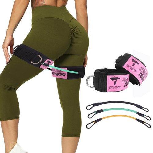 Thigh Ankle Strap Adjustable Neoprene Padded, Ankle Leg Cuffs with Resistance Bands for Leg Butt Training Workout Equipment, Strength Training,Hip Gluteus (1 Pair(2D-Rings) with 3 Resistace Band)