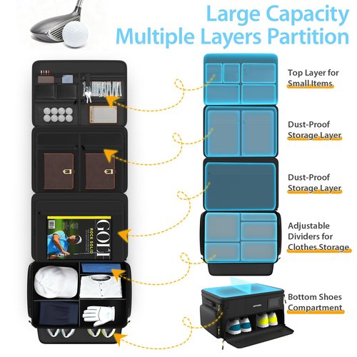 Jaffzora 4-Layer Golf Trunk Organizer, Golfer Gifts for Men Women with Separate Ventilated Compartment for 2 Pairs Shoes, Waterproof Car Golf Locker Storage Bag for Golf Gear and Accessories,Black