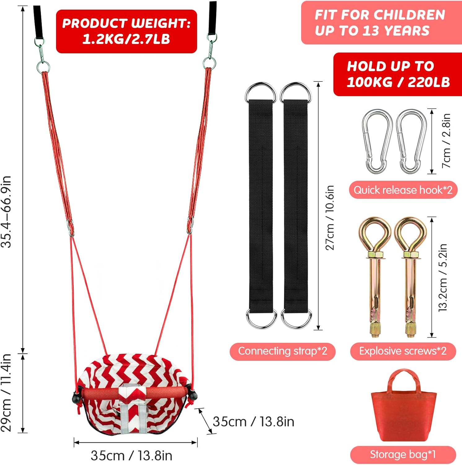 Skiennix Toddler Swing - Comfy Indoor/Outdoor Baby Swing Seat with Safety Harness & Quick Lock System (Red)