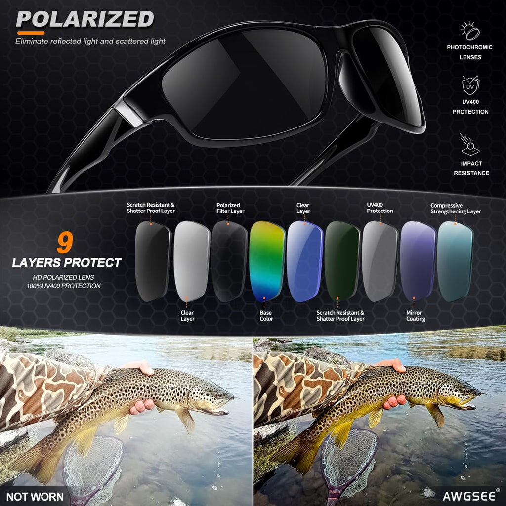AWGSEE Polarized Sports Sunglasses for Men, UV400 Protection Lightweight Wrap Around Sun Glasses for Cycling Fishing Driving