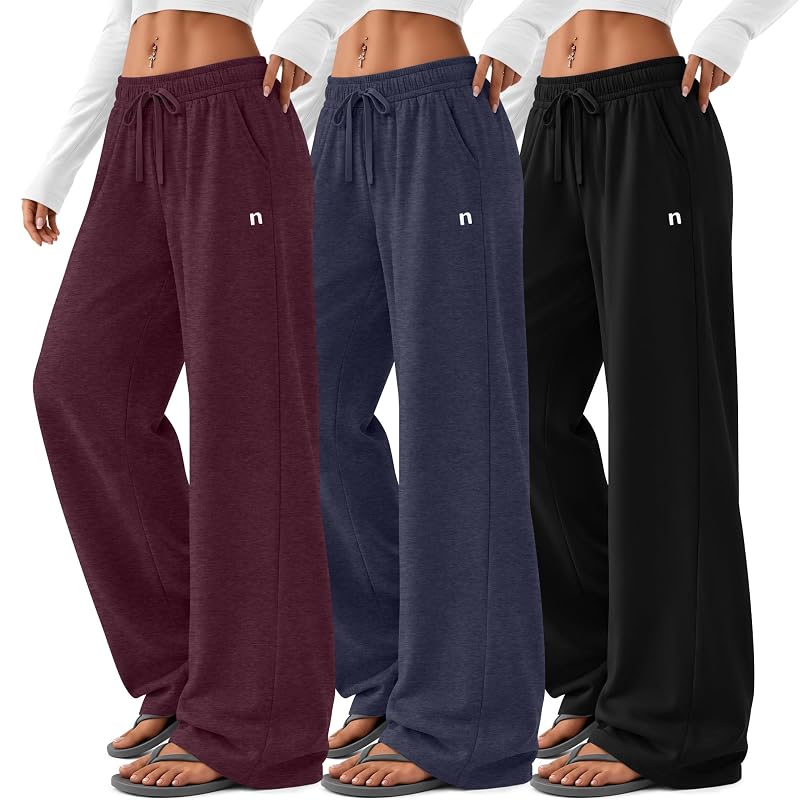 Neer 3 Pack Women's Wide Leg Sweatpants with Pockets - Black, Wine, Midnight Blue