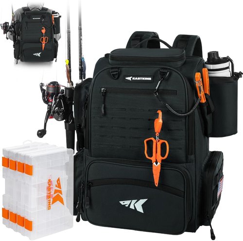 KastKing Bait Boss Fishing Tackle Backpack - 4 Tackle Boxes & Rod Holders | 45L Large Storage with Rain Cover