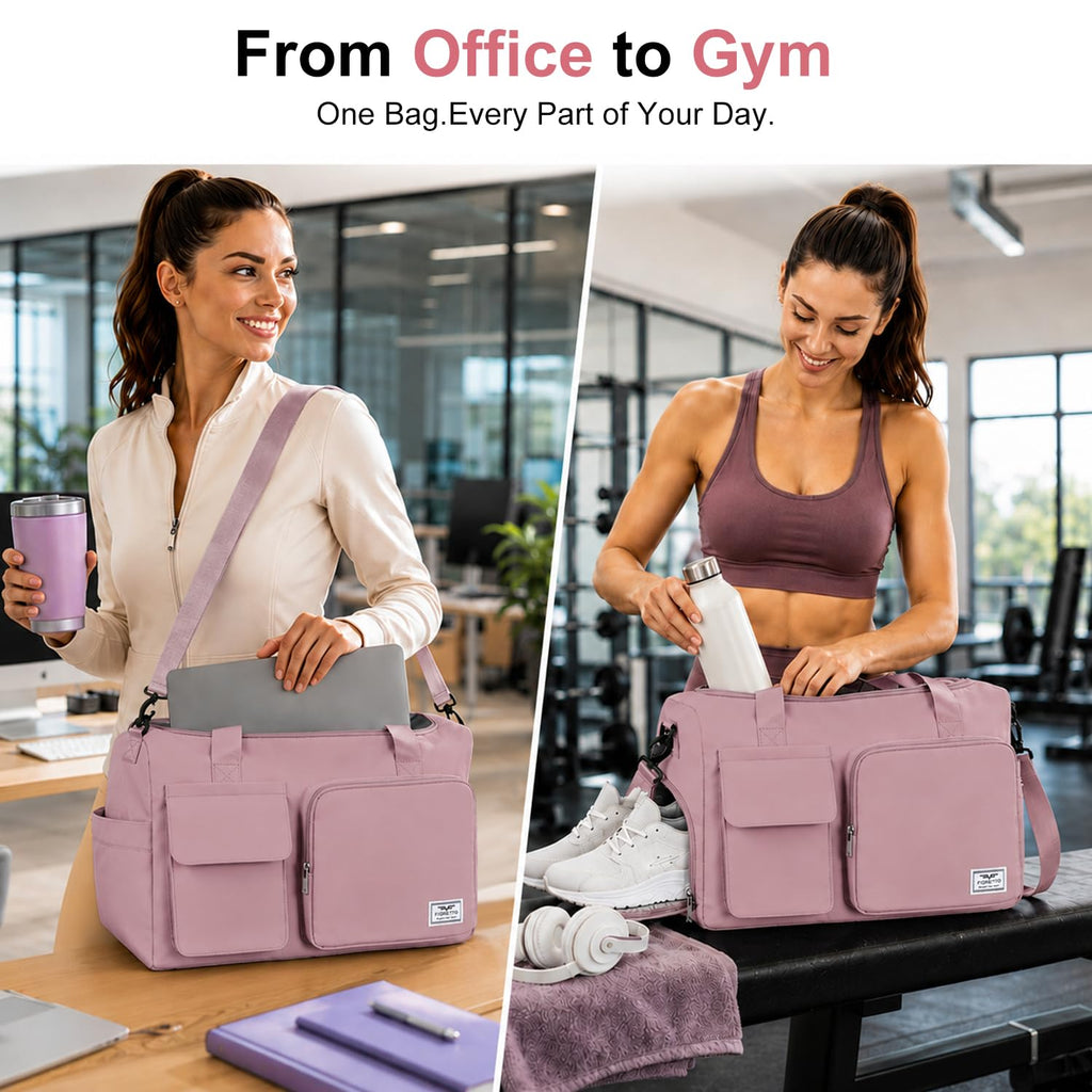 FIORETTO Women's Gym Duffle Bag with Shoes Compartment, 30L Capacity, Ideal for Travel, Gym, Sports, Duffel, Weekender, Pink