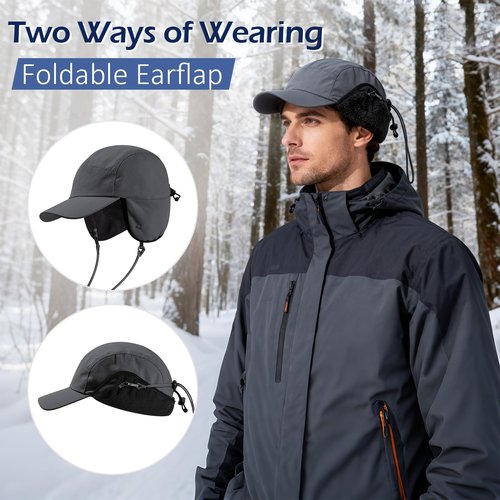 Waterproof Winter Hats for Men with Ear Flaps Lightweight Fleece Lined Trapper Hat Warm Baseball Cap for Ski, Hunting and Ice Fishing Army Green
