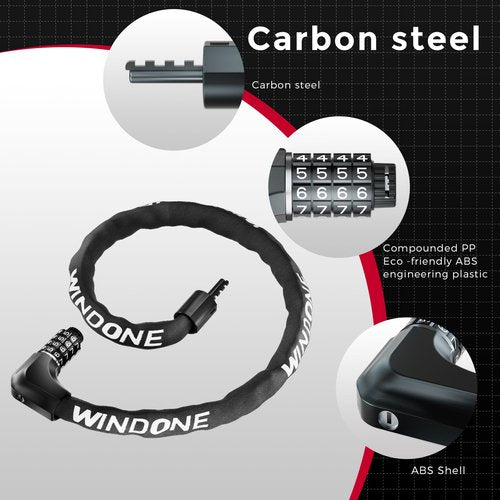 Windone Bike Lock Chain, 4 Digit Combination Heavy Duty Anti Theft Bicycle Chain Lock, 3.2 Feet Long Security Resettable Bike Locks for Bike, Bicycle, Motorcycle, Scooter, Door, Gate, Fence