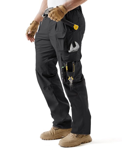 IGOLUMON Men's Stretch Tactical Work Pants, Breathable Ripstop Cargo Pants with 15 Pockets, Construction EDC Hiking Pants Black