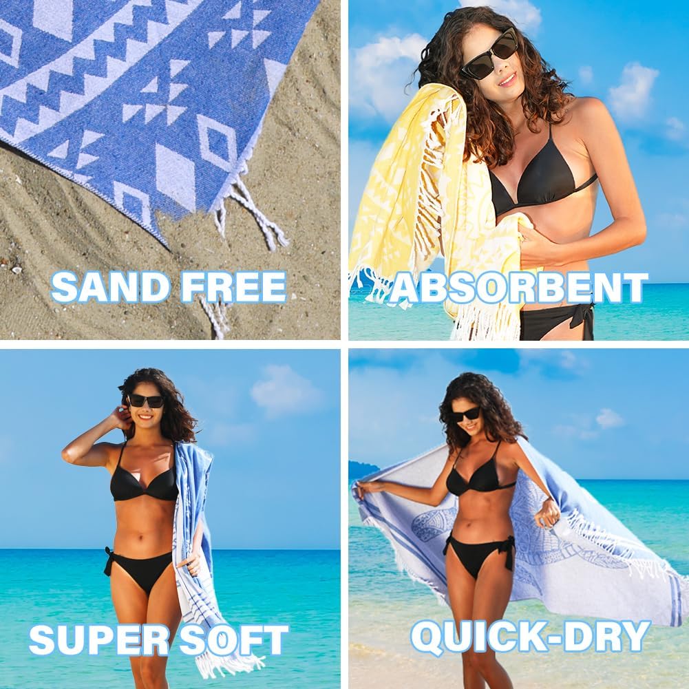 Widdonen Thin Turkish Beach Towel - Lightweight, Quick-Dry, Absorbent Cotton | Extra Large Sand-Free Pool & Bath Accessory