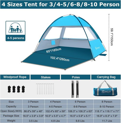 COMMOUDS Beach Tent - UPF 50+ Sun Shade Canopy for 3-8 People | Lightweight & Easy to Set Up