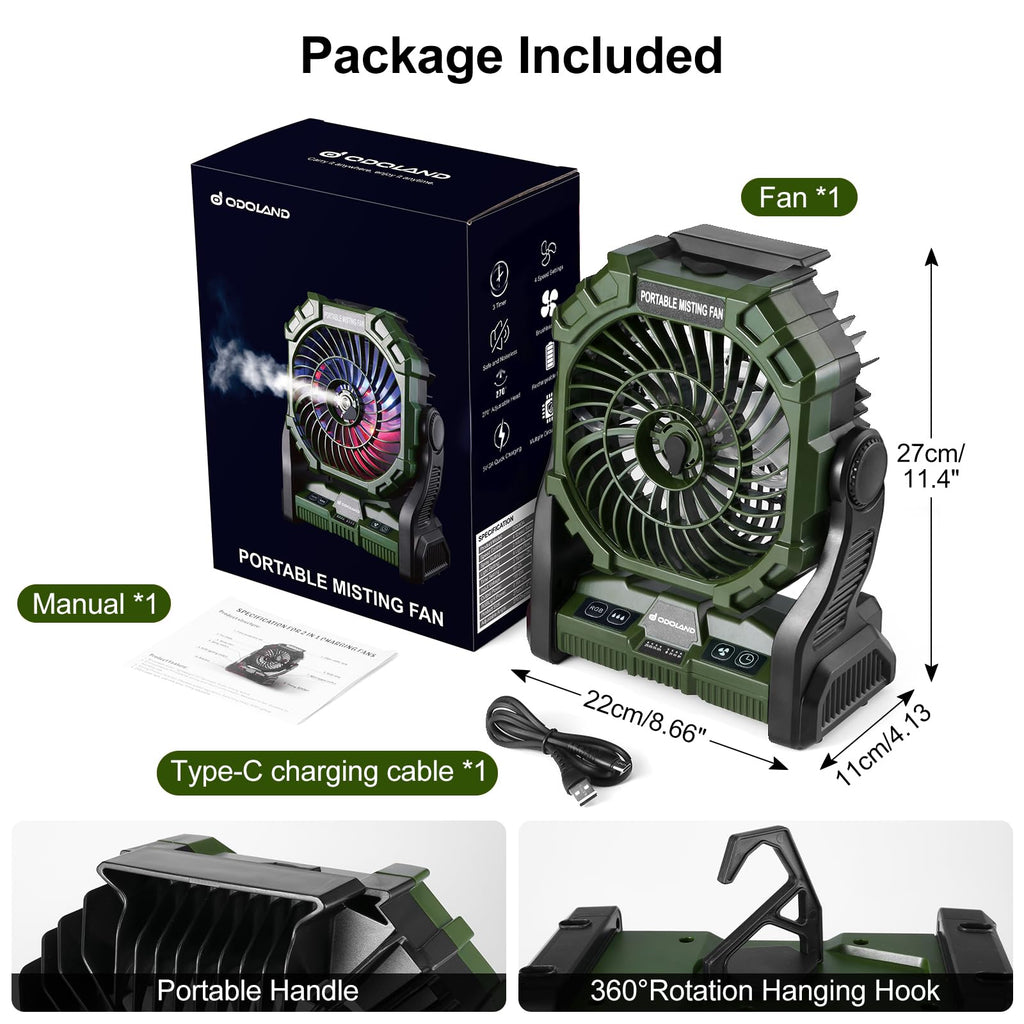 Odoland Portable Camping Fan with LED Lantern, 20000mAh Battery Operated Rechargeable Misting Fan with Light, 250mL Water Tank, Hook, Outdoor Tent Cooling Fans for Patios Beach Travel Summer, Green