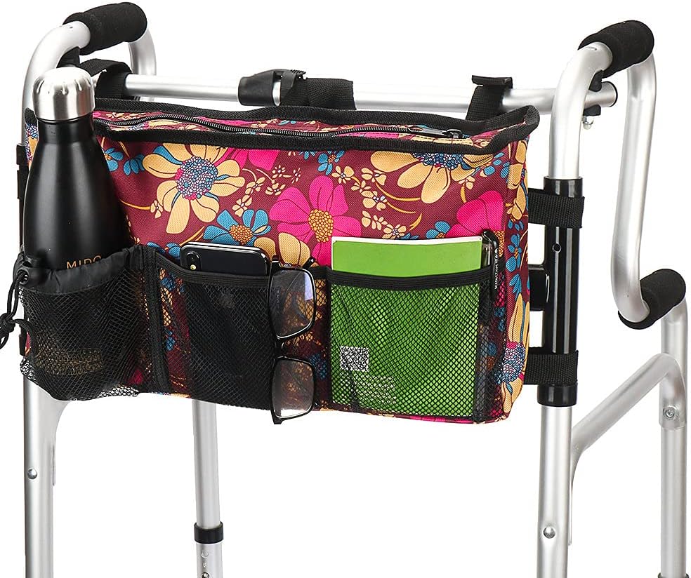 Walker Bag - Water-Resistant Pouch with 6 Pockets for Rollators & Wheelchairs | Floral Design