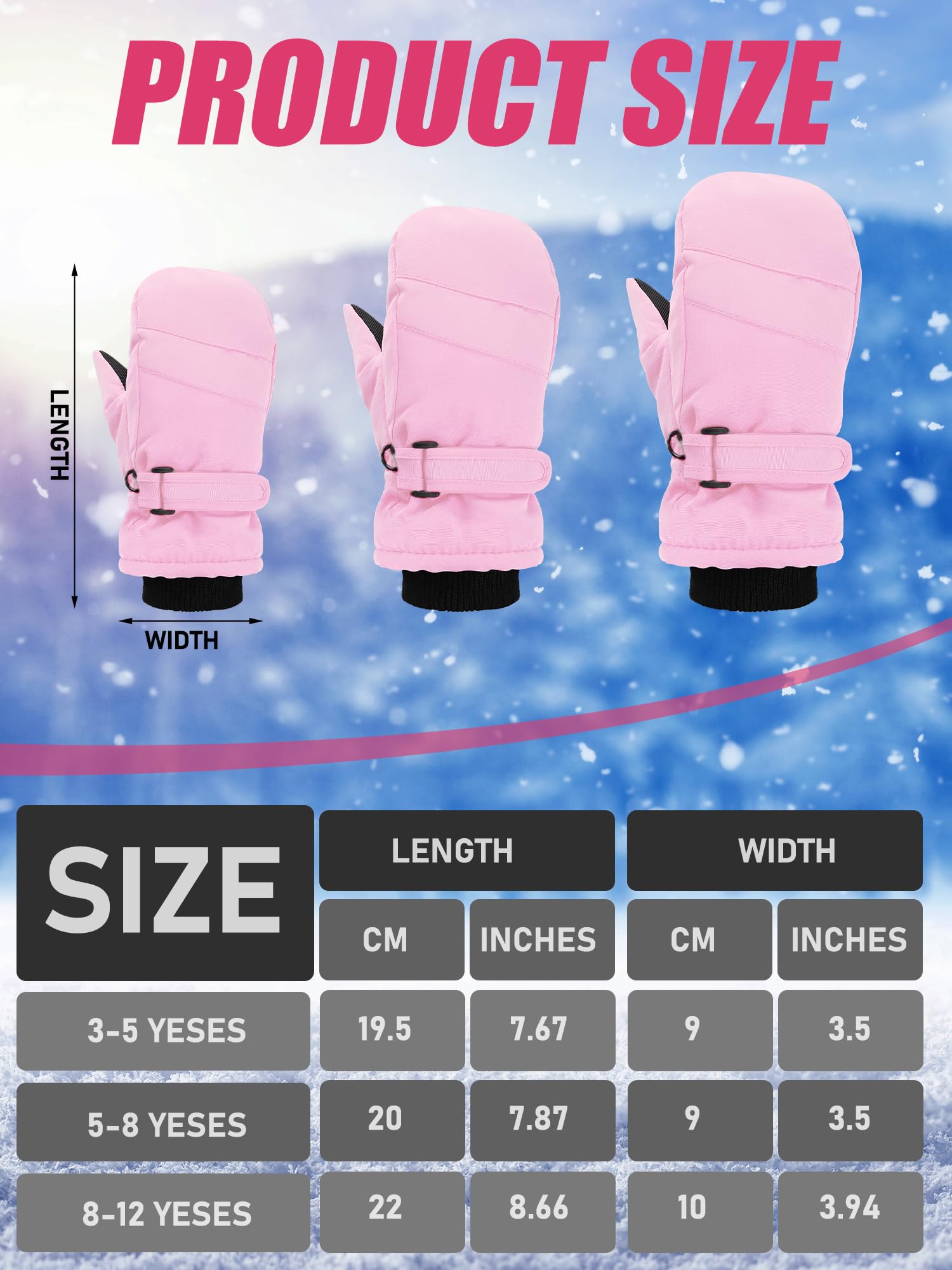 SATINIOR 2 Pairs Kids Snow Mittens Waterproof Winter Ski Gloves Warm Thicken Snow Gloves for Girls Boys (5-8 Years,Light Pink,Light Purple,2 Pairs)
