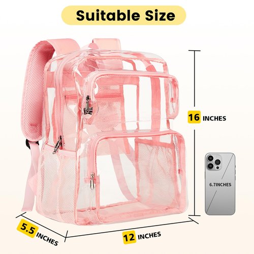 Vorspack Clear Backpack Heavy Duty - Large Clear Bookbag Transparent Backpacks See Through Backpack for College Work Travel Festival - Pink