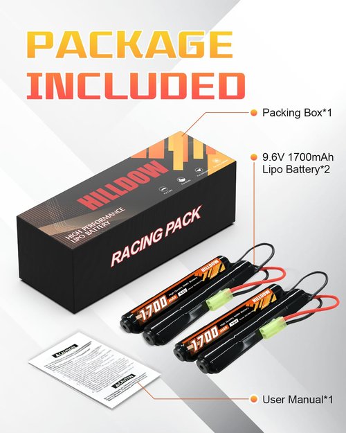 Hilldow 9.6V NiMH Airsoft Battery 1700mAh Rechargeable Battery with Mini TMY Plug RC Battery for Airsoft Guns(2 Pack)