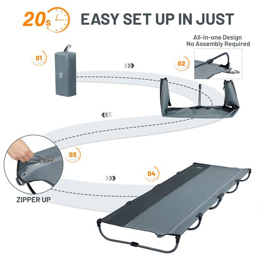 TIMBER RIDGE 20-Second Quick Set-Up Camping Cot, Lightweight Aluminum Folding Cot with Zipper Closure, Portable Carry Bag Included for Camping, Travel and Outdoors, Support up to 225lbs, Grey