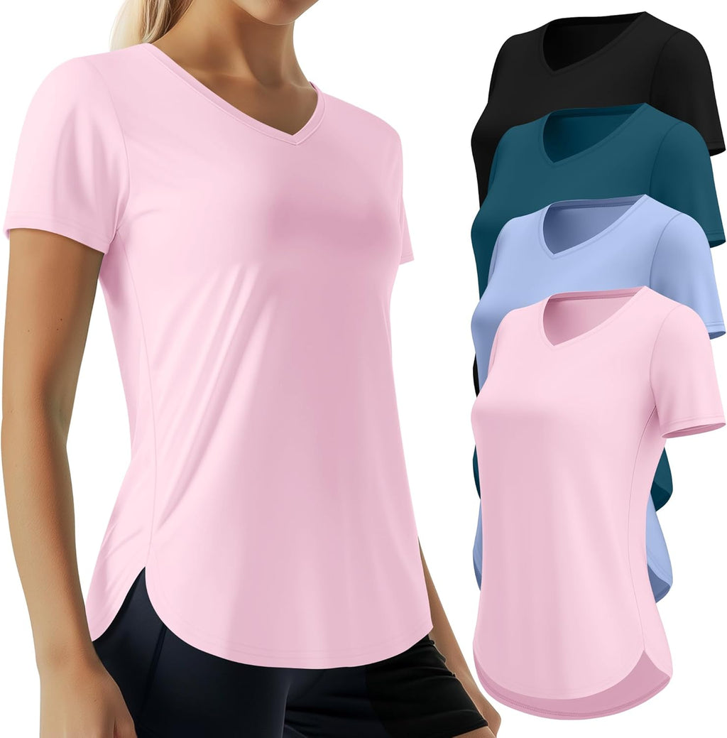 Oakgarden Women's Workout Tops - Quick Dry UPF 50+ V Neck Gym Shirts | 4 Pack, Lightweight & Stylish
