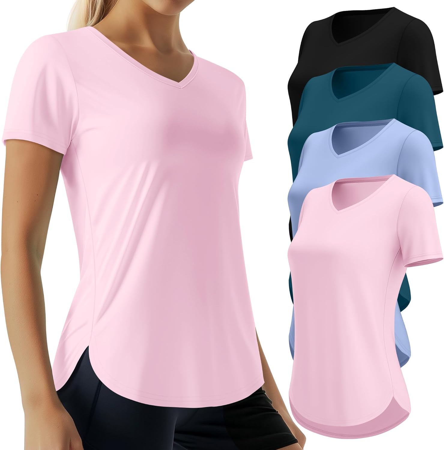 Oakgarden Women's Workout Tops - Quick Dry UPF 50+ V Neck Gym Shirts | 4 Pack, Lightweight & Stylish