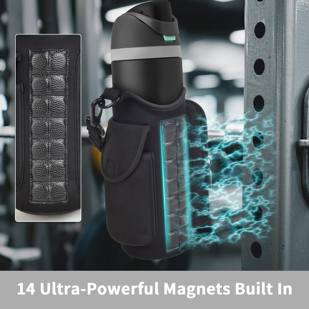Steadtep Magnetic Gym Water Bottle Sleeve with 14 Strong N52 Magnets - for MagSafe iPhone & Large Flasks, Insulated Carrier for Ninja Blast Portable Blender, 32oz 40oz 50oz Bottles, Gym Bag with Phone