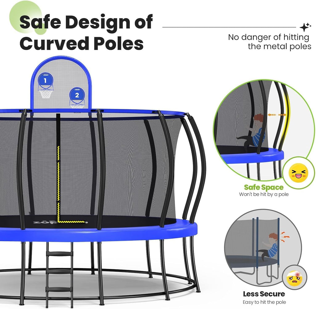 Zupapa 1800LBS Capacity Double Frame Trampoline - 12FT to 16FT | No-Gap Safety Design & Basketball Hoop