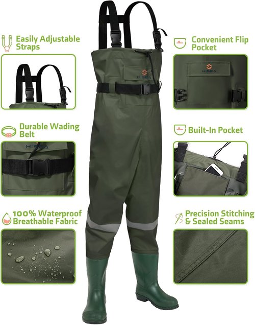 HISEA Kids Chest Waders - Youth Waterproof Fishing Waders with Boots | PVC Design & Reflective Safety Band