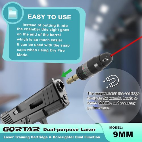 GORTAR Laser Training Cartridge - Dual Function Boresighter for Cal 9MM/22LR/17HMR | Dry Fire Practice