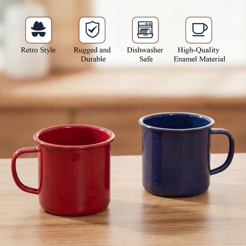 Mimorou 2 Pcs 16 oz Enamel Mugs Outdoor Camping Coffee Cups for Hot Cold Beverages Durable for Home, Travel, Beach (Red, Blue)