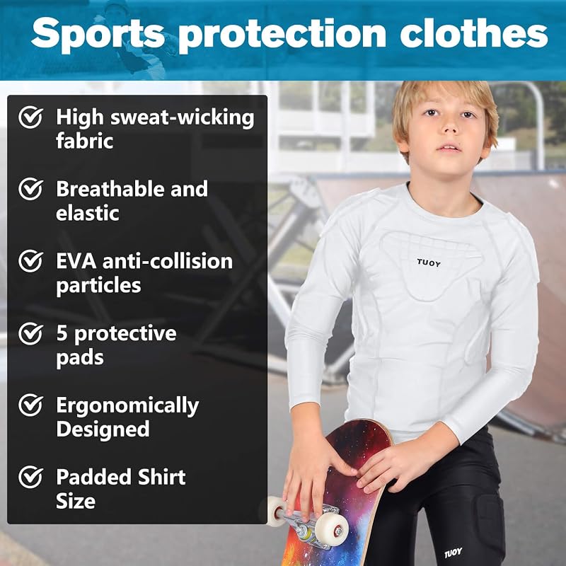 Youth Padded Chest Protector Shirt with 10mm Foam Padding - White, Medium