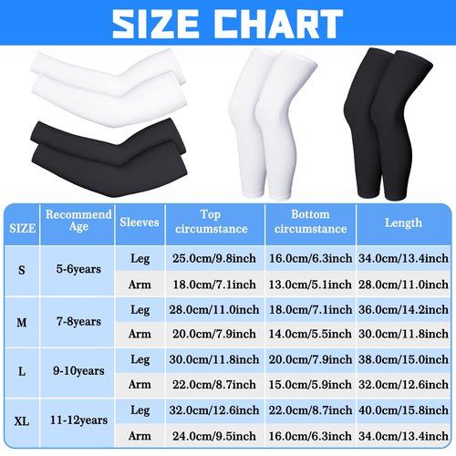 Charniol 4 Pairs Kids Arm Sleeves for Basketball Kids Long Compression Leg Sleeves and Arm Sleeves Youth Basketball Leg Sleeves(Black and White,Large)