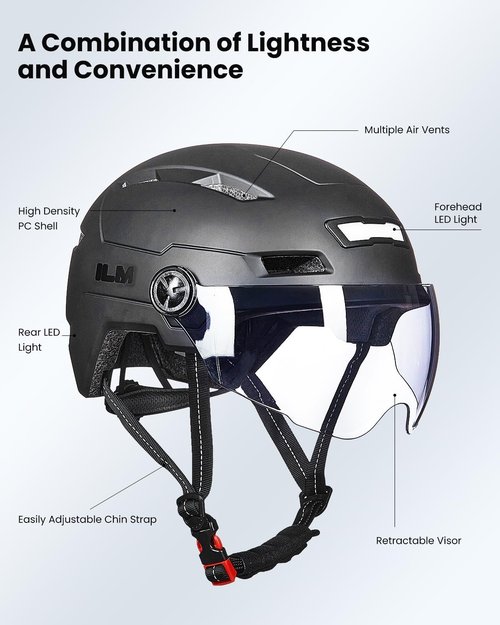 ILM Adult Bike Helmet - USB Rechargeable LED Lights | Removable Goggles for Men & Women
