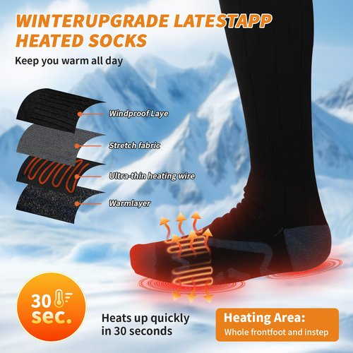 Qsocksy Electric Heated Socks for Men & Women - 6000mAh Rechargeable, Up to70 °C Large Heating Area, 8H Heat, Washable for Skiing, Hunting, Camping