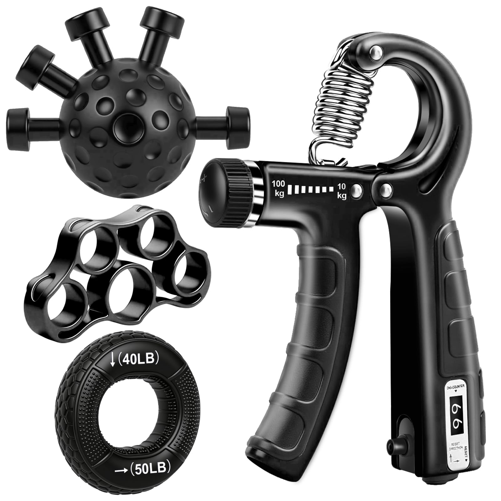 TEAWOO 4-Pack Grip Strength Trainer Kit, Adjustable Forearm Strengthener, Black Hand Grip Strengthener Balls, Finger Exerciser & Stretcher for Strength Training, Recovery & Flexibility