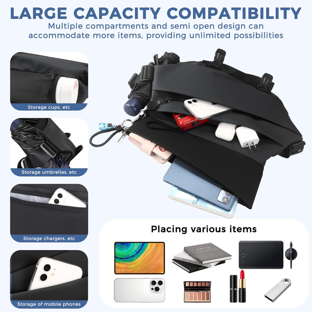 Sling Crossbody Bag for Men & Women – Expandable Waterproof Backpack Chest Bag with Magnetic Buckle for Cycling/Travel/EDC (Black, Medium)