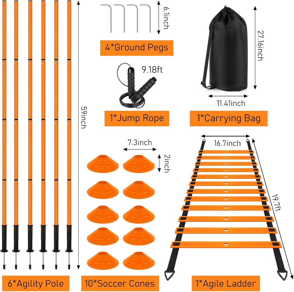 Skiennix Soccer Agility Training Equipment - 6 Agility Poles, 20ft Ladder, 10 Cones & Jump Rope