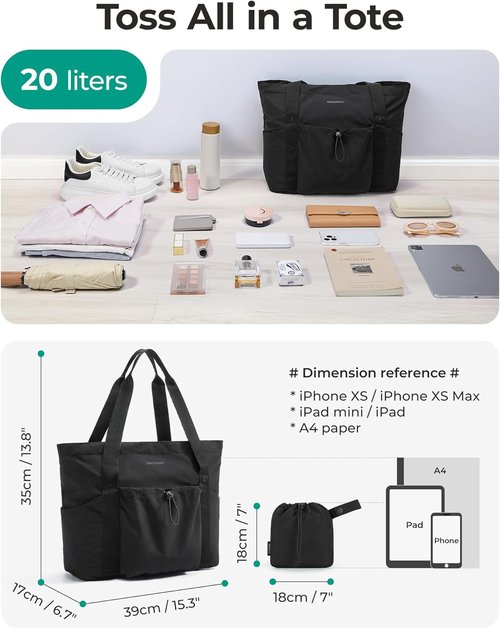 BAGSMART Foldable Tote Bag - Large Shoulder Handbag with Drawstring for Travel, Work & Gym