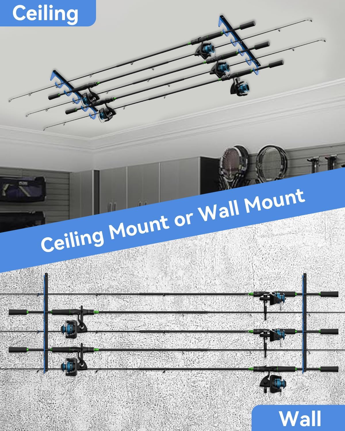 Skiennix Fishing Rod Holders - 5-Position Wall & Garage Ceiling Storage Rack for Most Rods