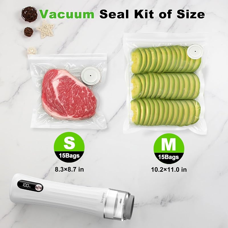 Vacuum Sealer for Food with LED Display, 80kPa Handheld Food Saver | 30 Bags (15S+15M) Variation