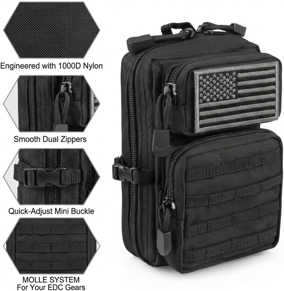 Skiennix EDC Tactical Pouch - 2 Pack Small Molle Pouches with US Flag Patches