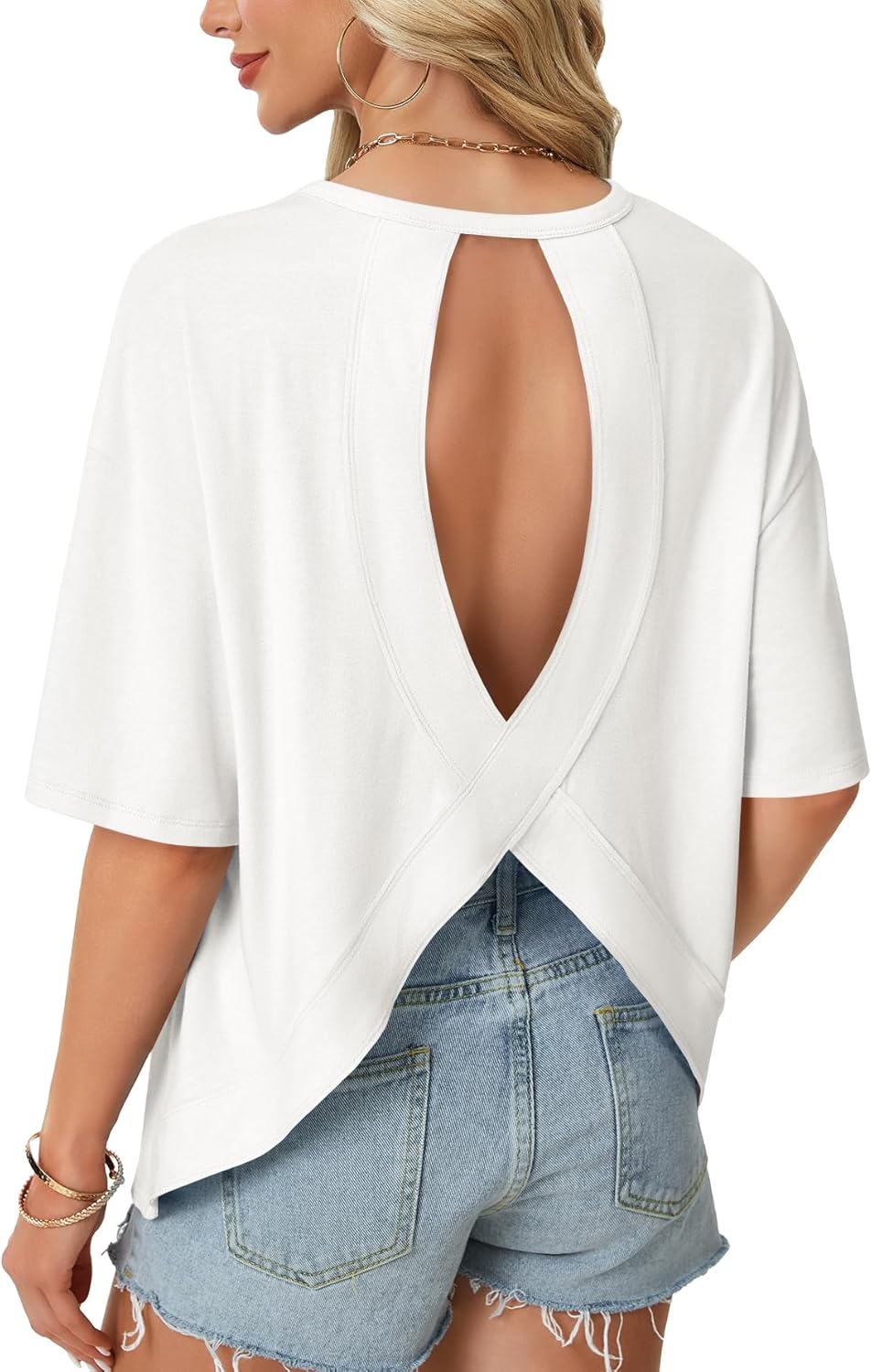 Rooscier Women's Open Back Workout Top - Oversized Backless Half Sleeve Y2K T-Shirt Blouse